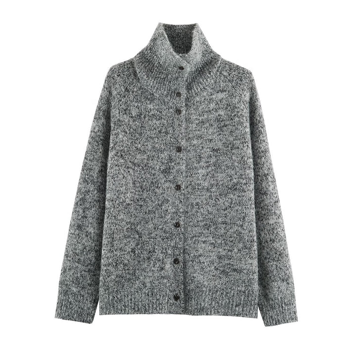 Women's Chunky Knit Cardigan with High Roll Neck and Continuous Button Placket Amarae