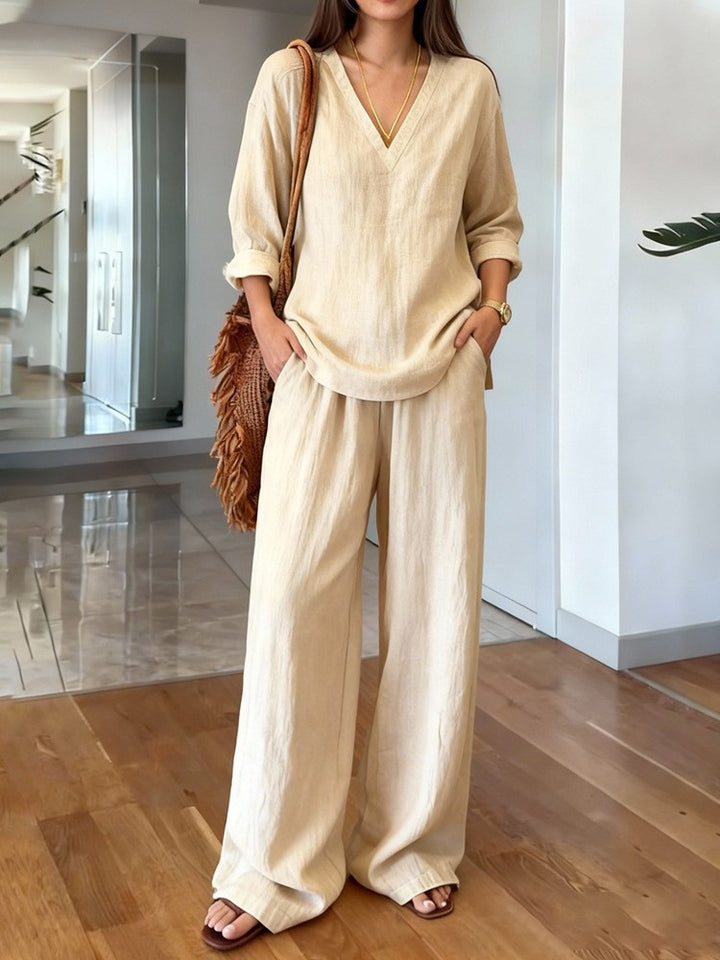 Women's Casual Linen Top and Wide Palazzo Pants Set Chic & Stil