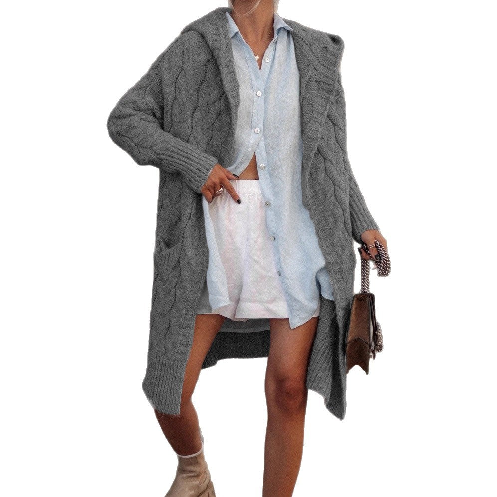 Knit coat for women with knitted plastic pattern and deep V-neck Lune London