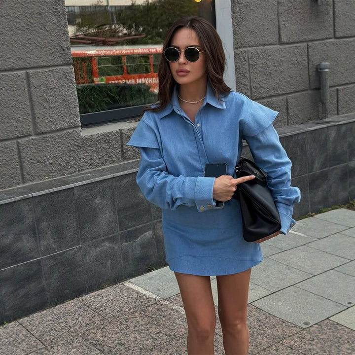 Women Two-Piece Denim Set with Oversized Shirt Jacket and Mini Skirt Amarae