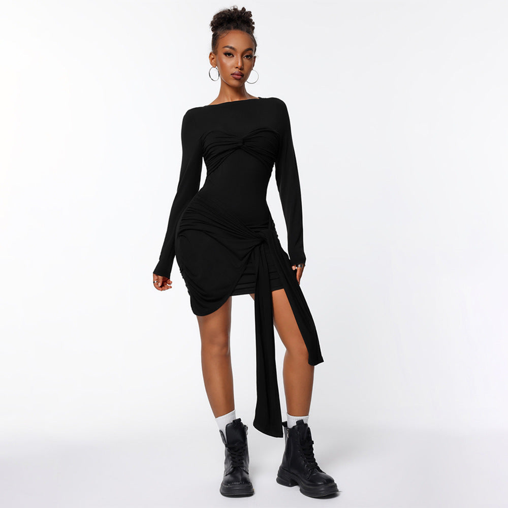 Robe portefeuille ajustée pour femmes avec manches longues et effet de fronces sur le côté Chic & Stil