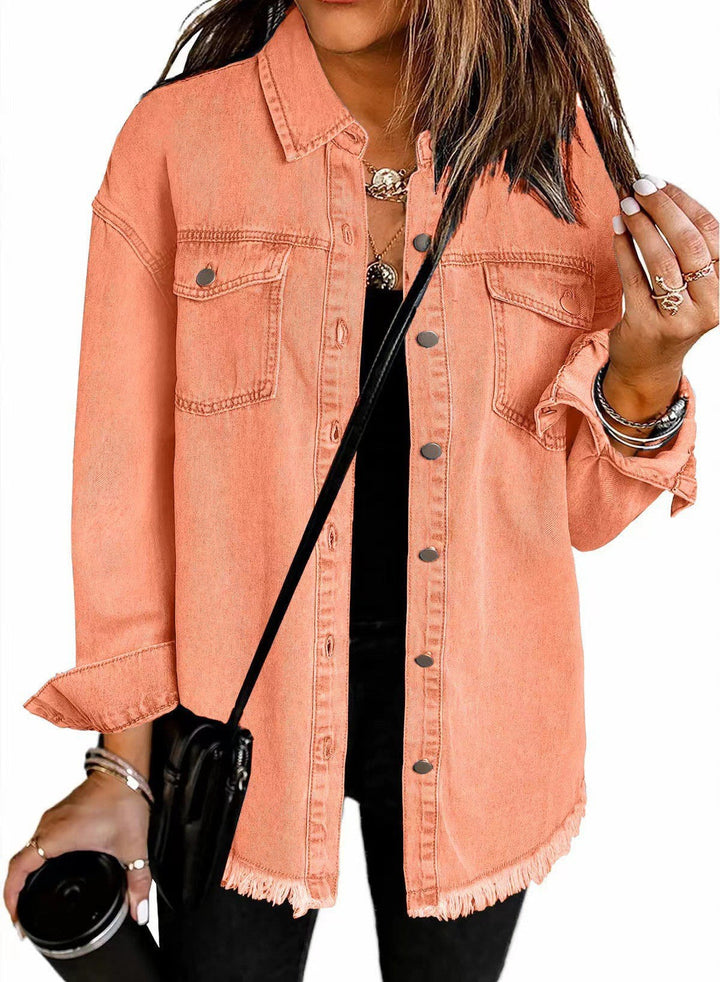 Ladies Denim Overshirt with Fringed Hem and Chest Pockets Lune London