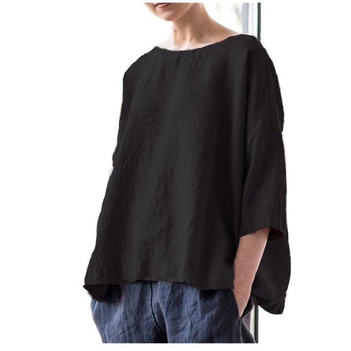 Women's oversized linen blouse with wide boxy cut, boat neckline and 3/4 sleeves Amarae
