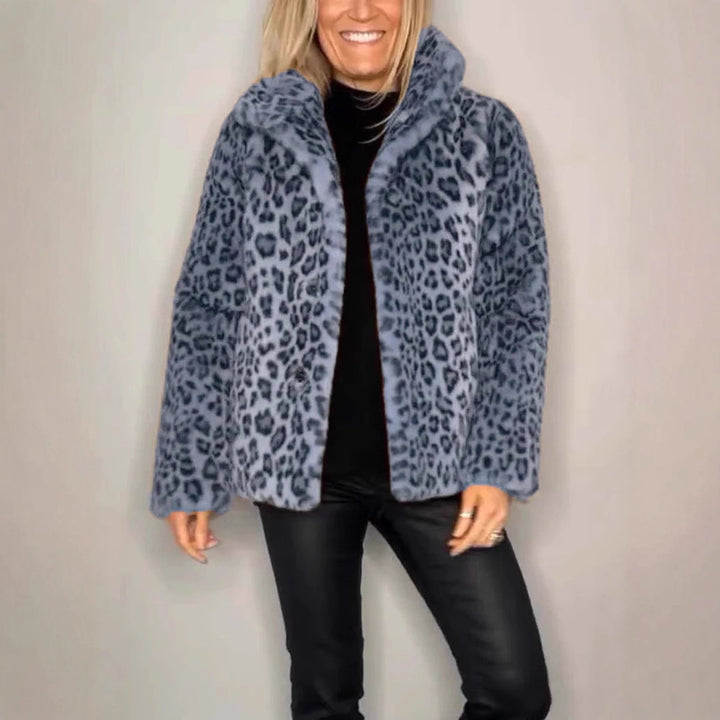 Ladies Leopard Print Faux Fur Jacket with High Collar Lune London