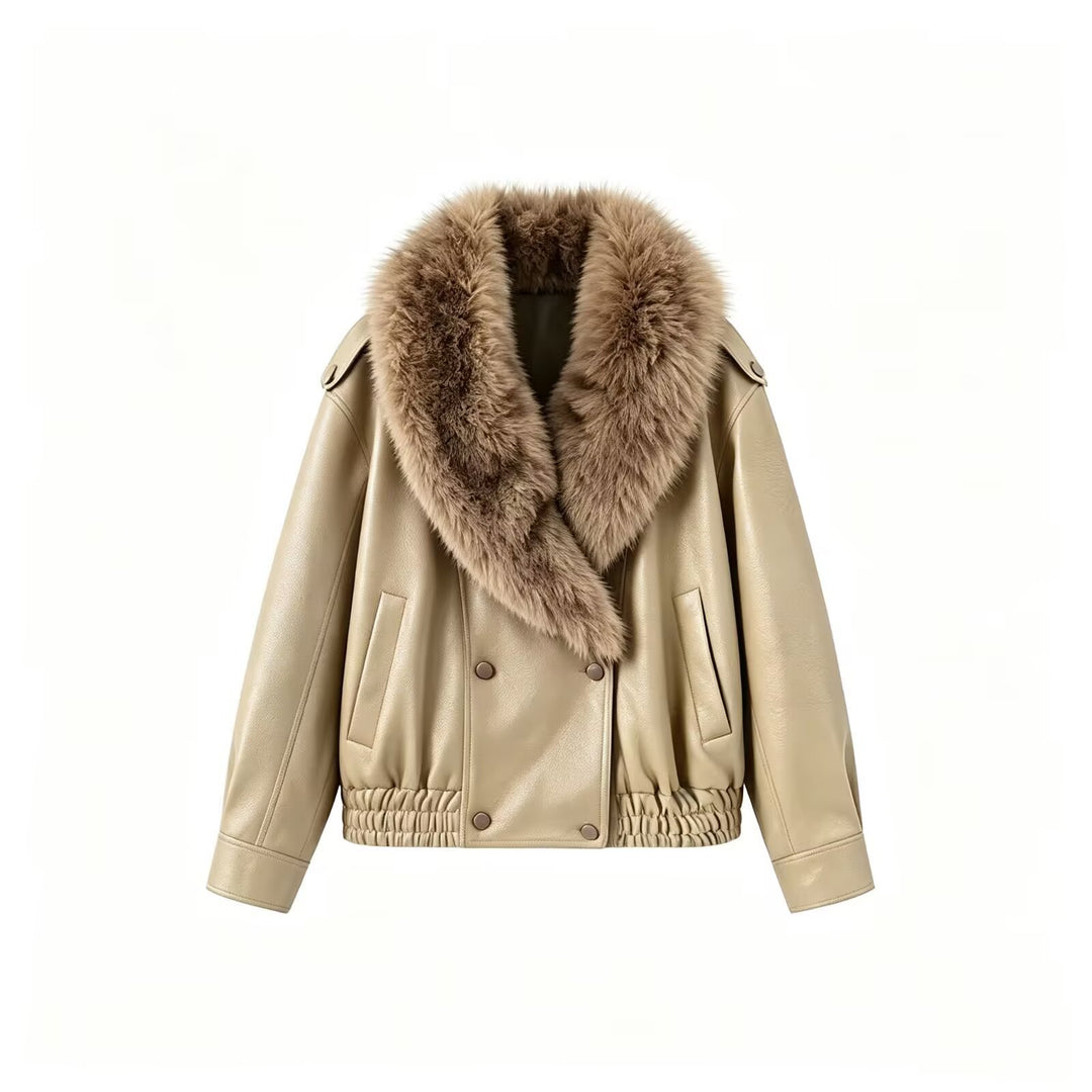 Women's Faux Leather Bomber Jacket with Large Faux Fur Collar Amarae