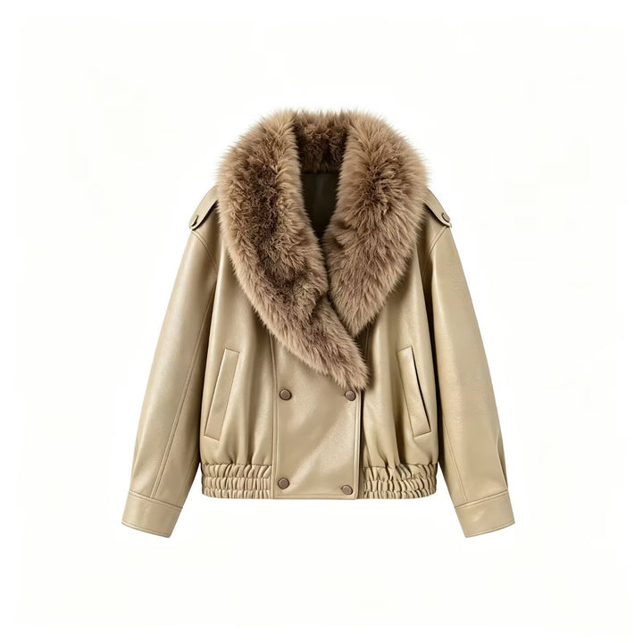 Women's Faux Leather Bomber Jacket with Large Faux Fur Collar Amarae