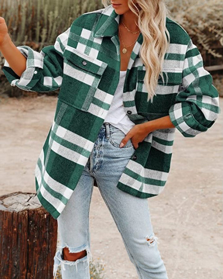Oversized shirt jacket for women with check pattern and practical pockets Lune London