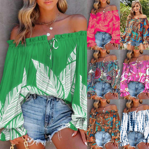Ladies Off-Shoulder Blouse with Colorful Pattern and Elastic Hem Amarae