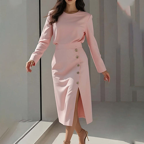 Robe Midi Élégante pour Femmes avec Détail de Bouton et Fente Latérale Chic & Stil