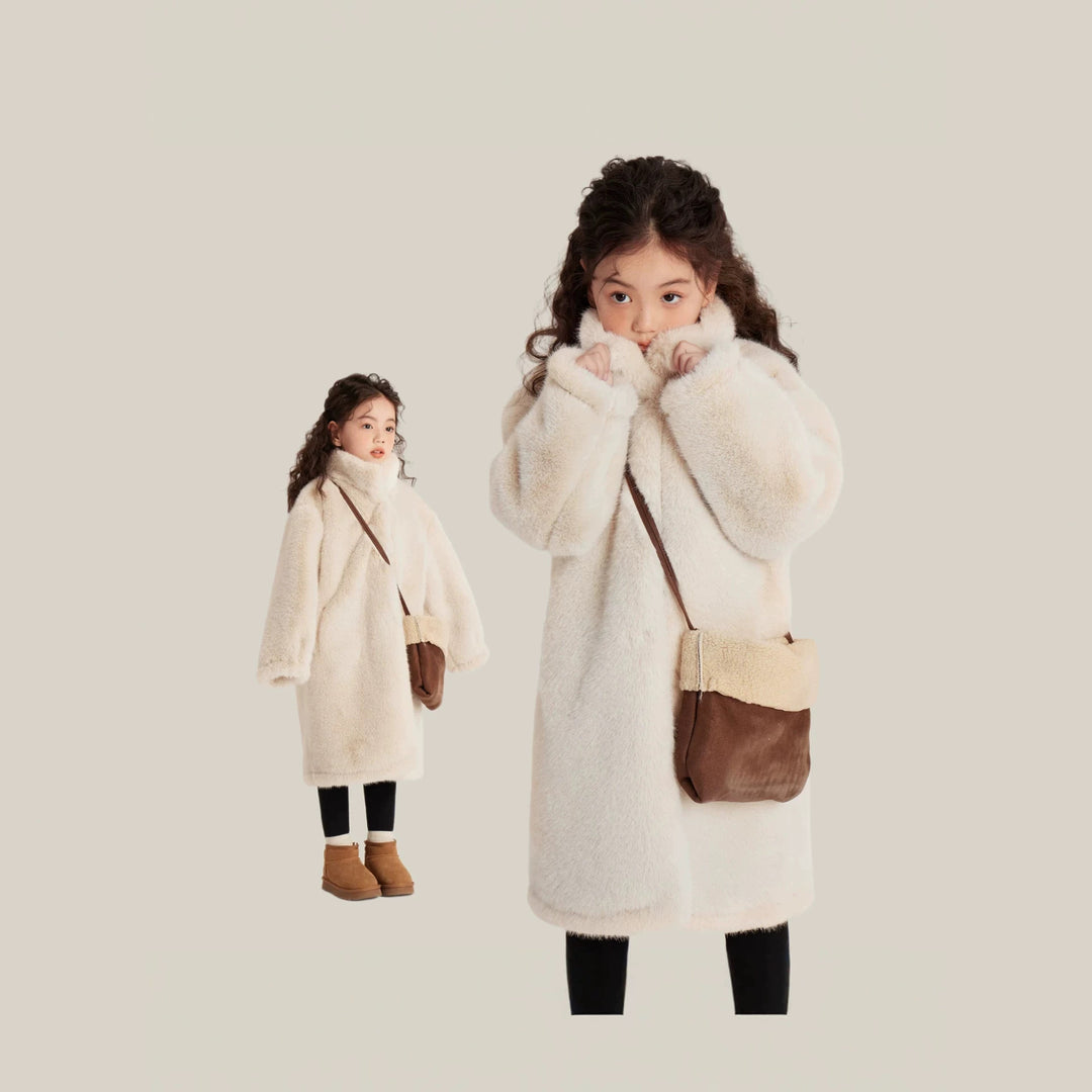 Ladies Cozy Faux Fur Coat with High Stand-Up Collar and Straight Cut Amarae