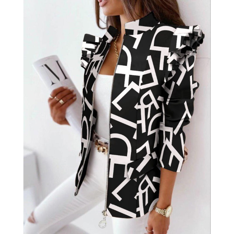 Women's leopard print statement jacket with ruffle shoulder and zipper Amarae