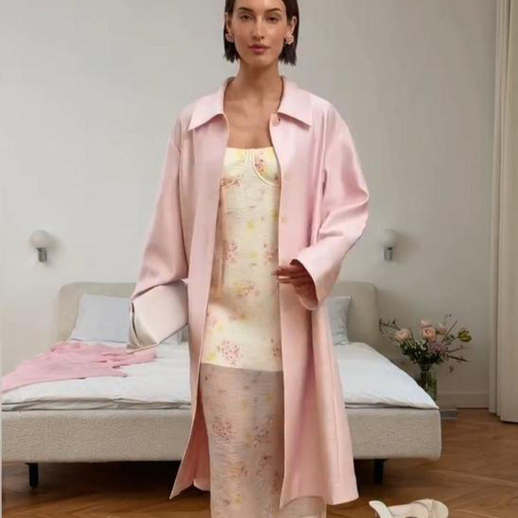 Women’s lightweight satin-like long coat in oversized cut with wide lapels Amarae
