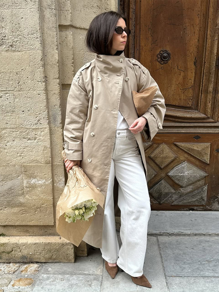 Women’s maxi trench coat with high stand-up collar, double-breasted button placket & waist belt Amarae