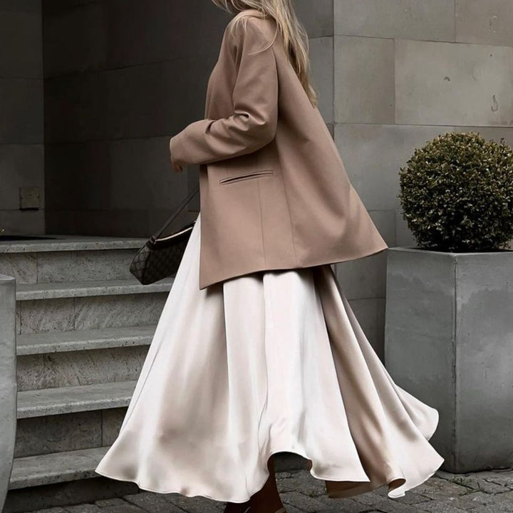 Elegant satin maxi dress for women with flared skirt Lune London