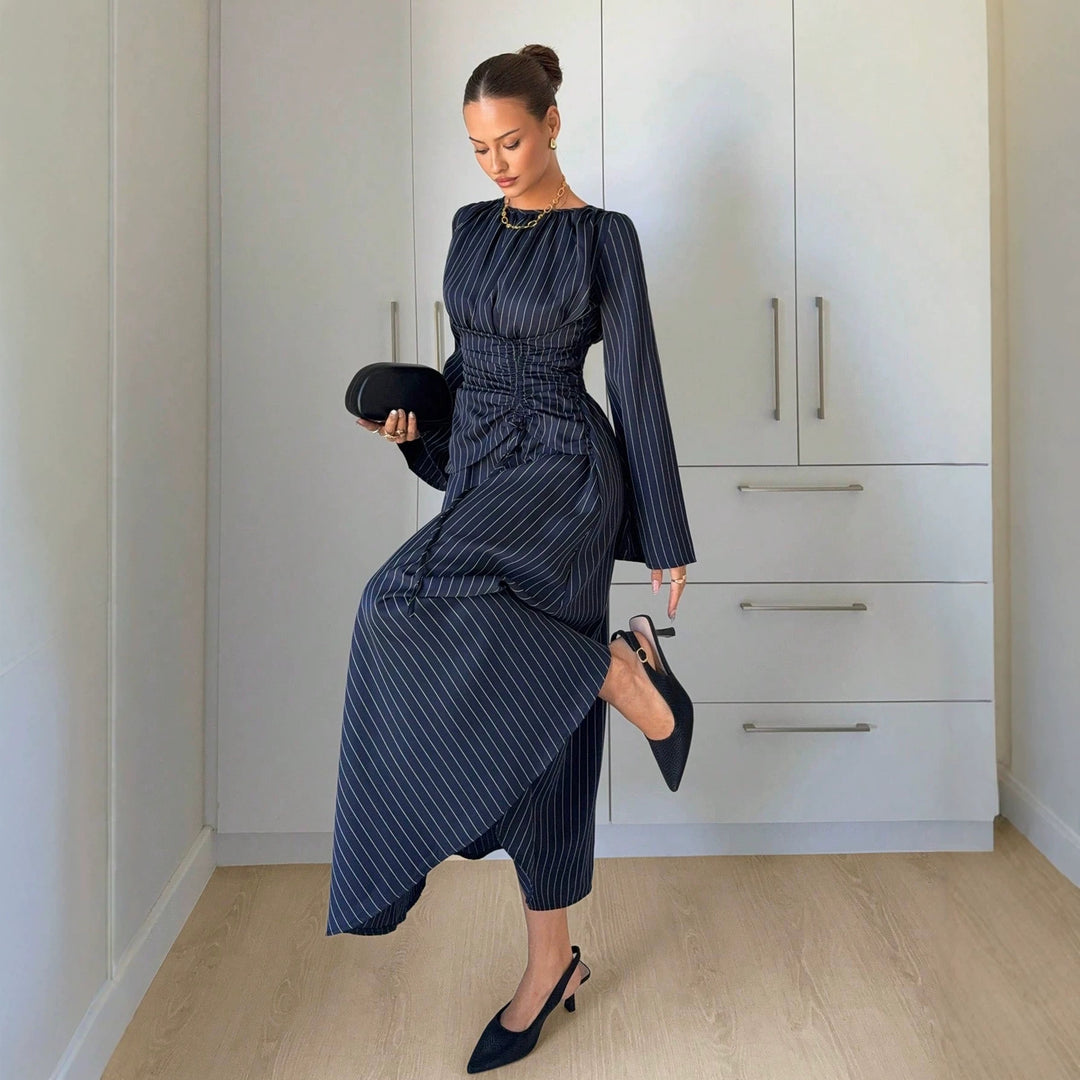 Ladies Max Dress with gathered waist lacing and bell sleeves Amarae