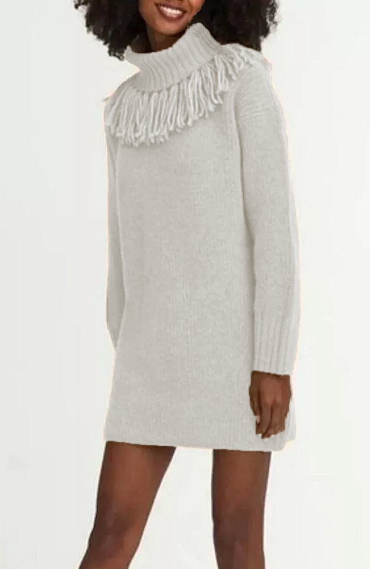 Knit dress for women with high turtleneck and trendy fringes Lune London