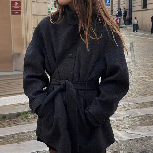 Modern wool jacket for women with adjustable belt and high collar Amarae