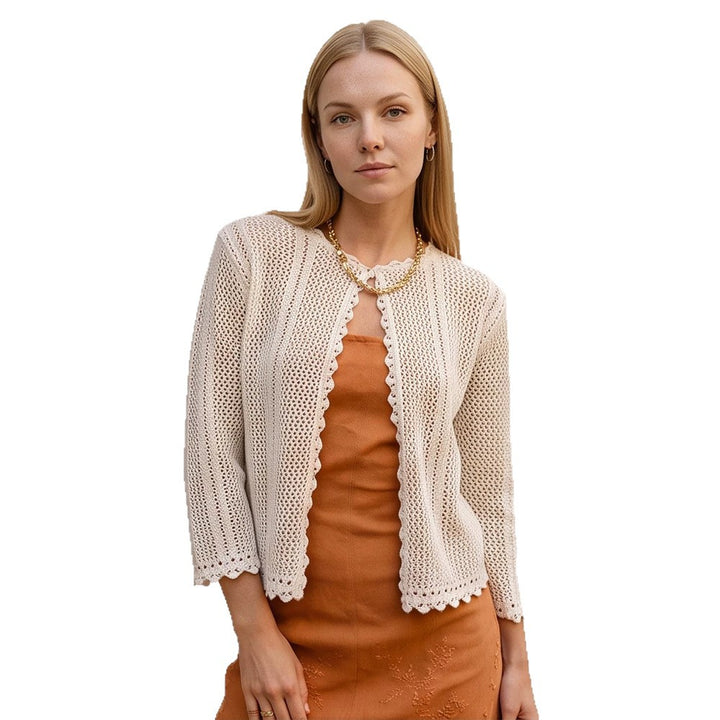 Women's crocheted short jacket with wavy hem, open front & 3/4 sleeves Amarae