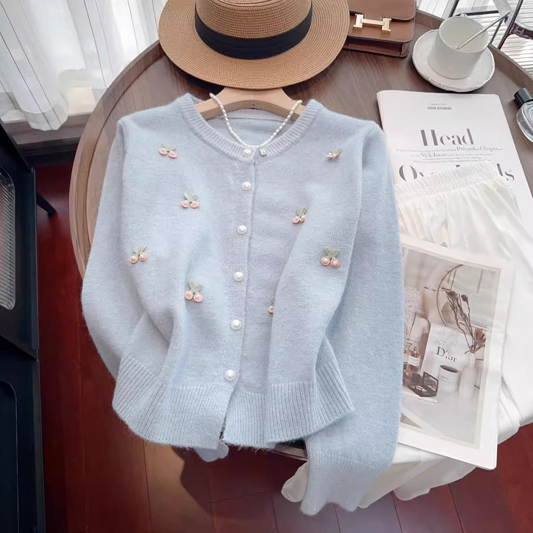 Knit jacket for women with floral embroidery and pearl buttons Lune London