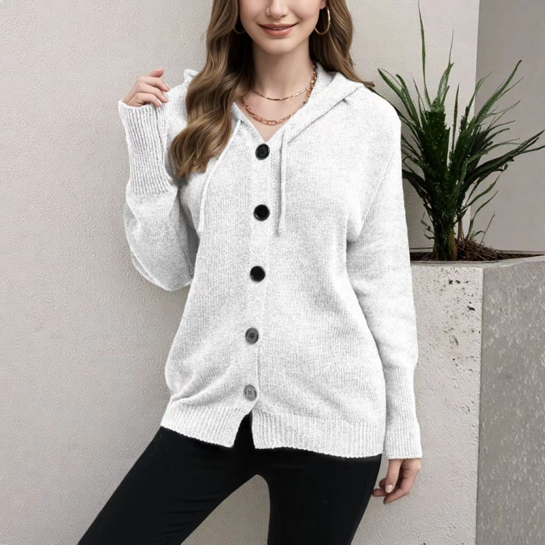 Women’s knitted hoodie jacket with button placket and soft texture Lune London