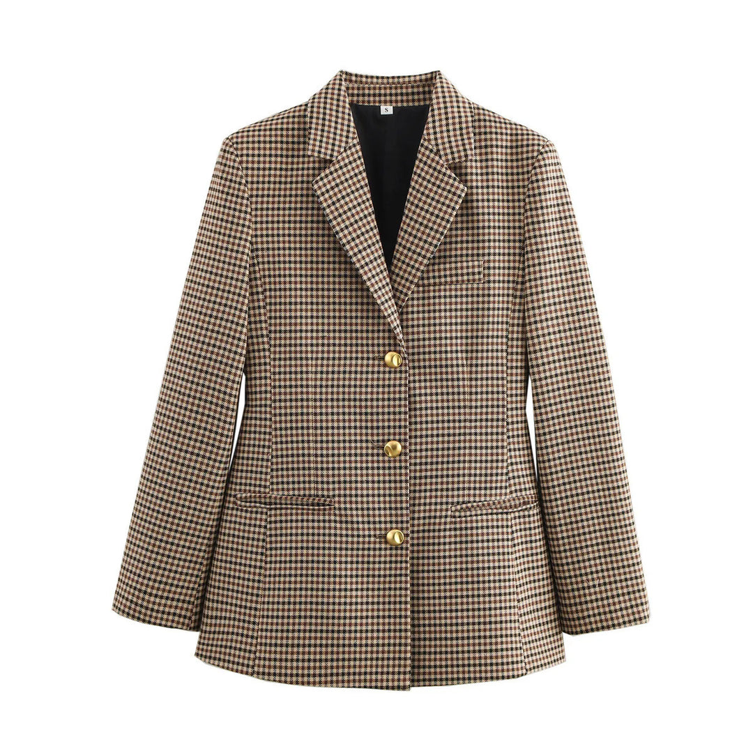 Elegant checked blazer jacket for women with gold buttons Lune London