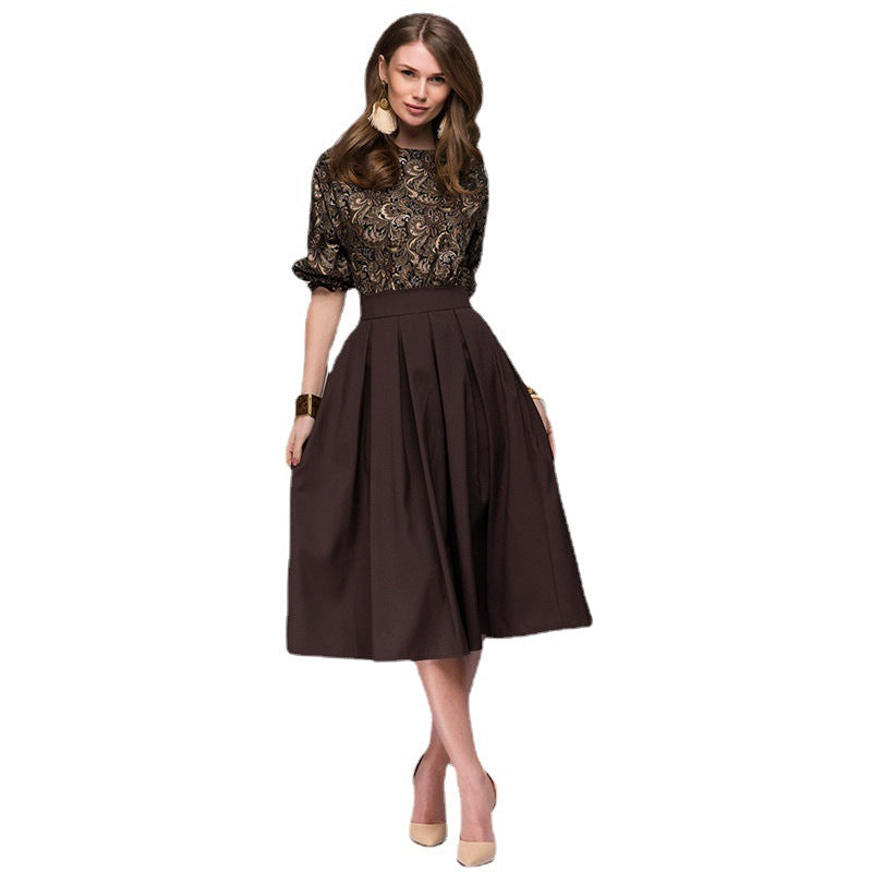 Ladies midi dress with tailored top made of jacquard and wide pleated skirt Amarae