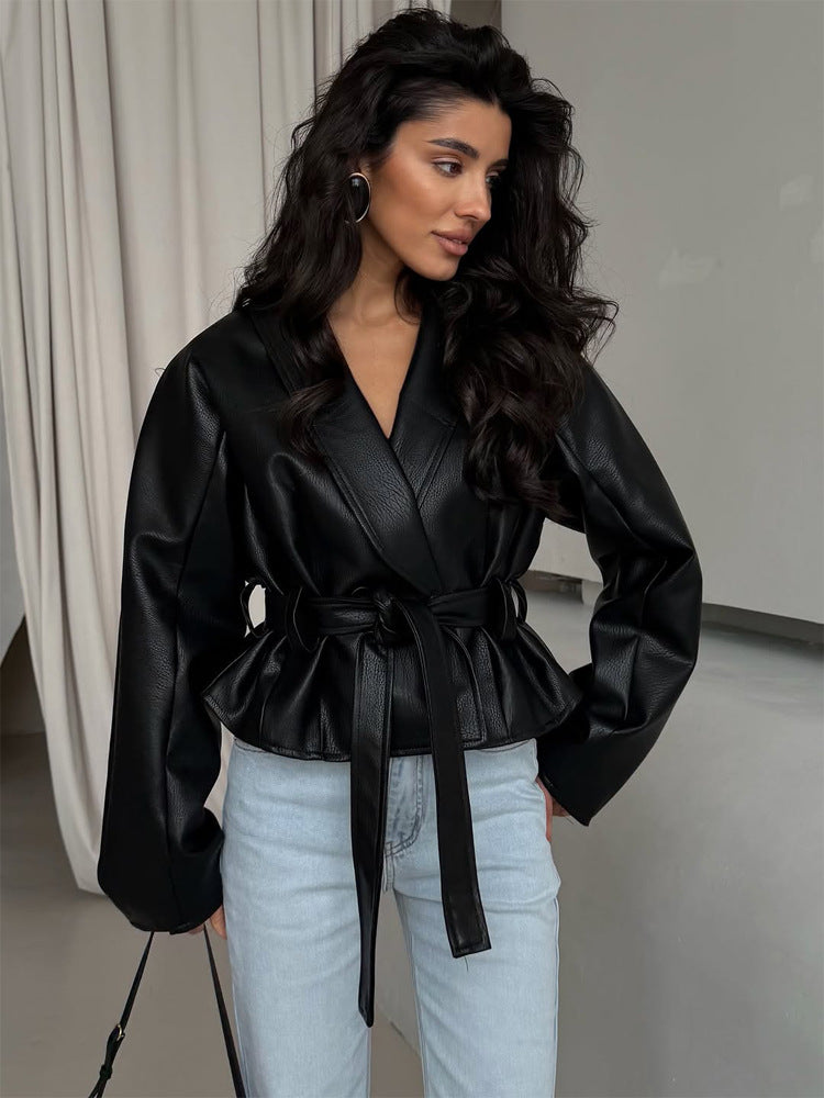 Women's Tailored Faux Leather Jacket with Peplum, Belt & Shawl Collar Amarae