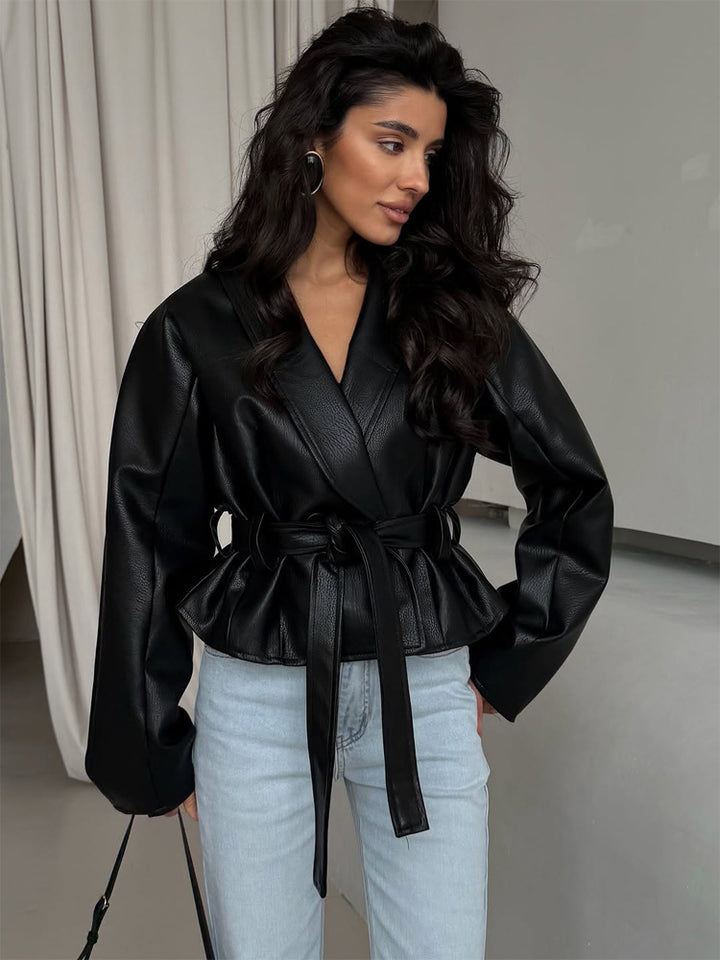 Women's Tailored Faux Leather Jacket with Peplum, Belt & Shawl Collar Amarae