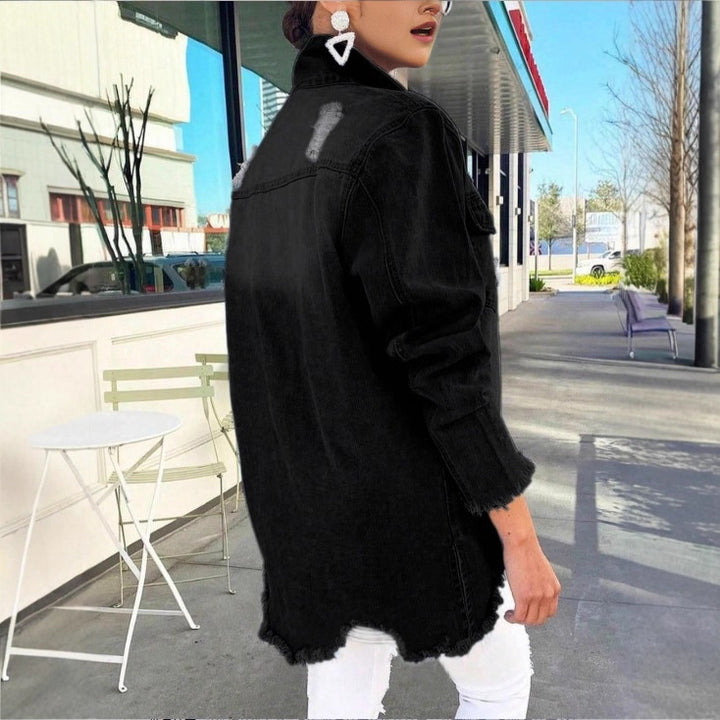 Ladies Longline Denim Jacket with Destroyed Details and Fringed Hem Amarae