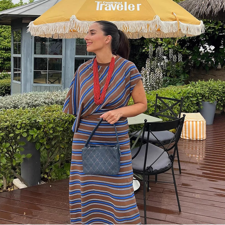 Women's Striped Maxi Dress with Asymmetrical Cape Sleeves & Tailored Silhouette Amarae