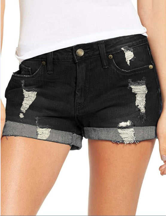 Women's fashionable destroyed denim shorts with rolled hem Lune London