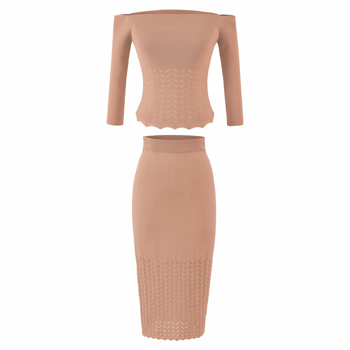 Women's Two-Piece Knit Set with off-the-shoulder Neckline and Bodycon Pencil Skirt Amarae
