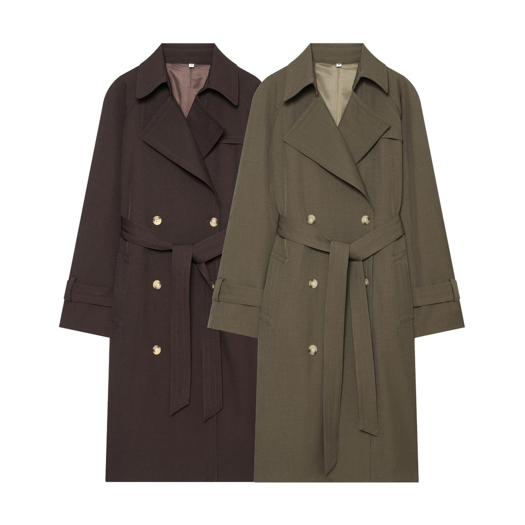 Women Mid-length Double-breasted Trench Coat with Wide Lapels and Waist Tie Belt Amarae