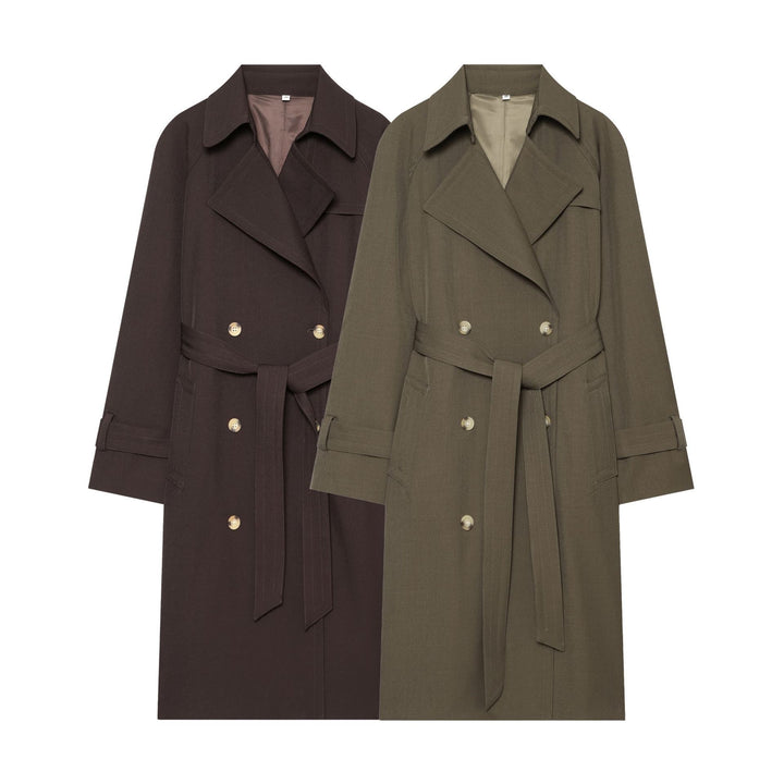 Women Mid-length Double-breasted Trench Coat with Wide Lapels and Waist Tie Belt Amarae