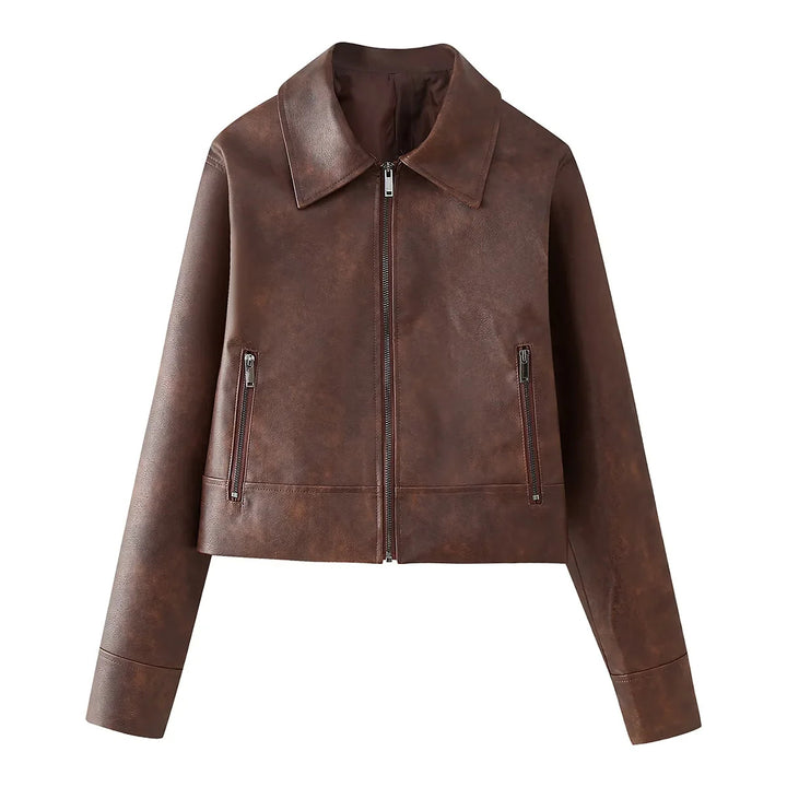 Synthetic leather jacket for women with an elegant cropped design and practical zip pockets Lune London
