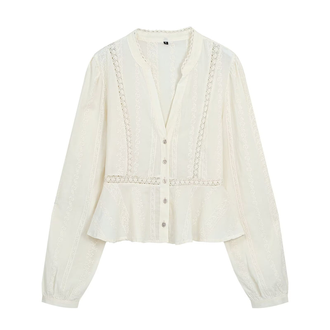 Women's Light Blouse with Lace Trimmings, V-Neck and Fitted Peplum Silhouette Amarae
