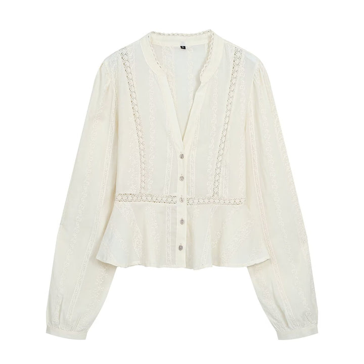 Women's Light Blouse with Lace Trimmings, V-Neck and Fitted Peplum Silhouette Amarae