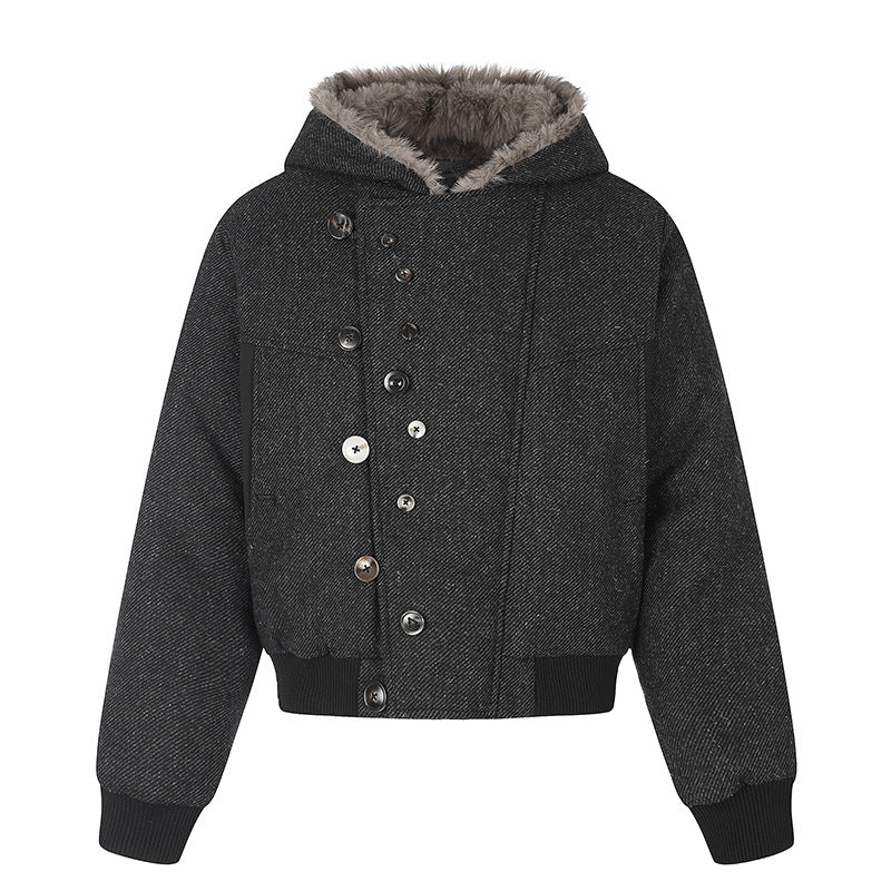 Women's hooded bomber jacket with faux fur lining, asymmetrical multi-button placket, and ribbed hem Amarae