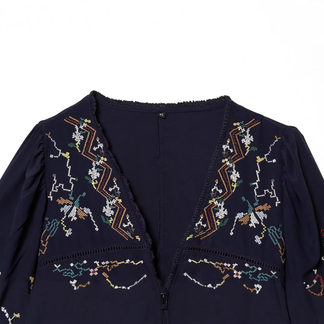 Women Embroidered Kimono Blouse with Ties and Decorative Crochet Edge Amarae