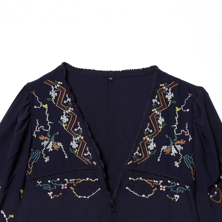 Women Embroidered Kimono Blouse with Ties and Decorative Crochet Edge Amarae