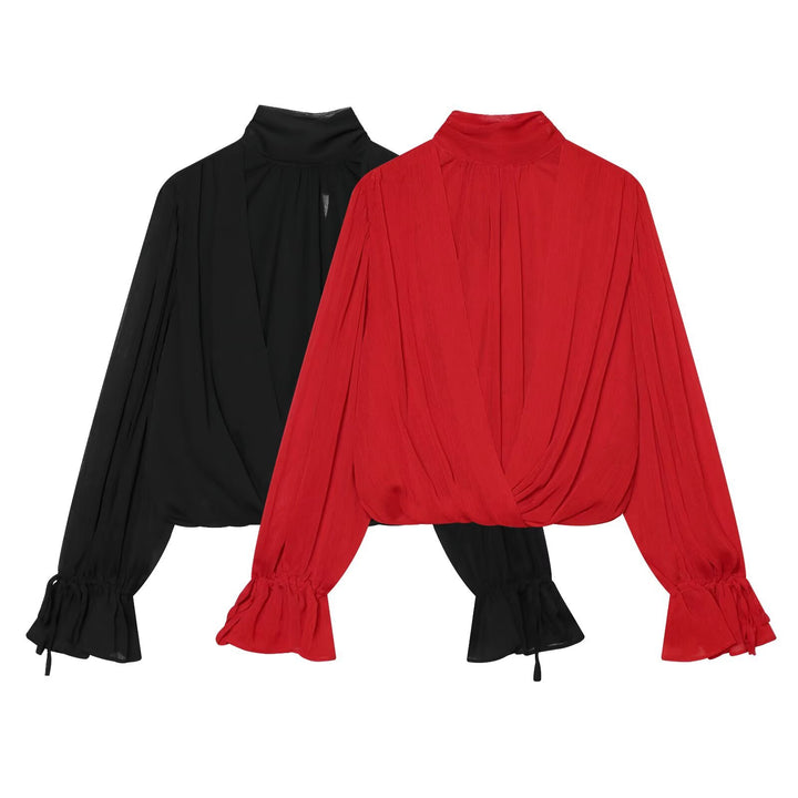 Women's chiffon blouse with tie, standing collar, and gathered balloon sleeves Amarae