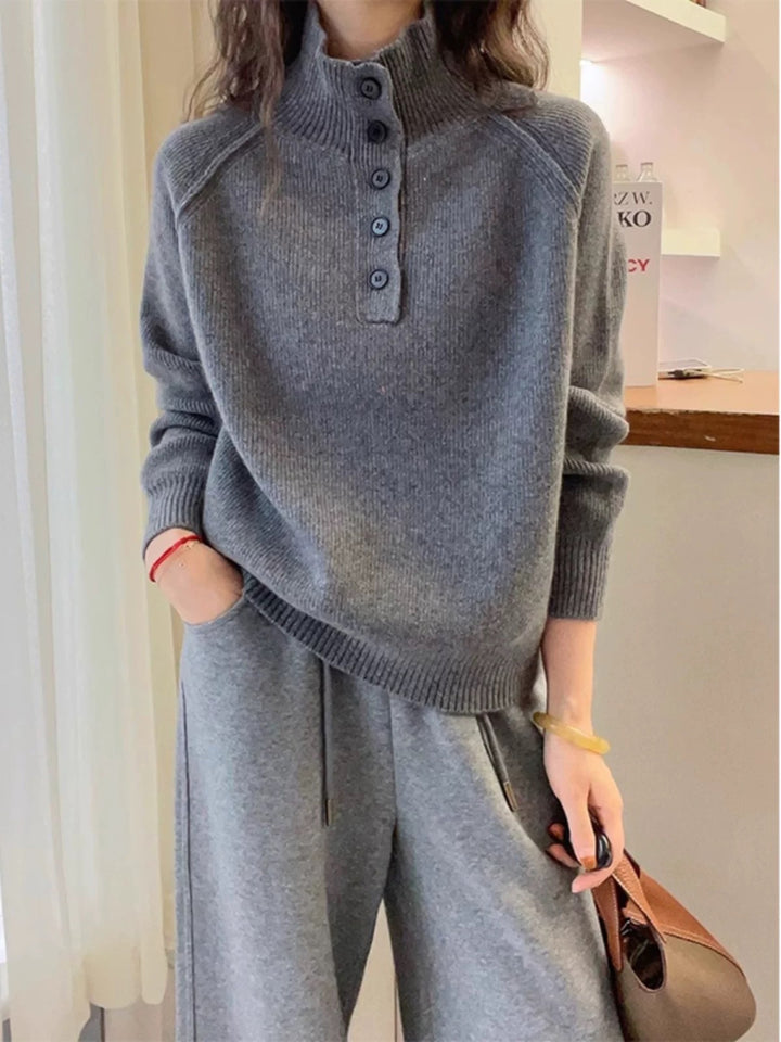 Femme Pull Tricoté Confortable avec Patte de Boutons Chic & Stil