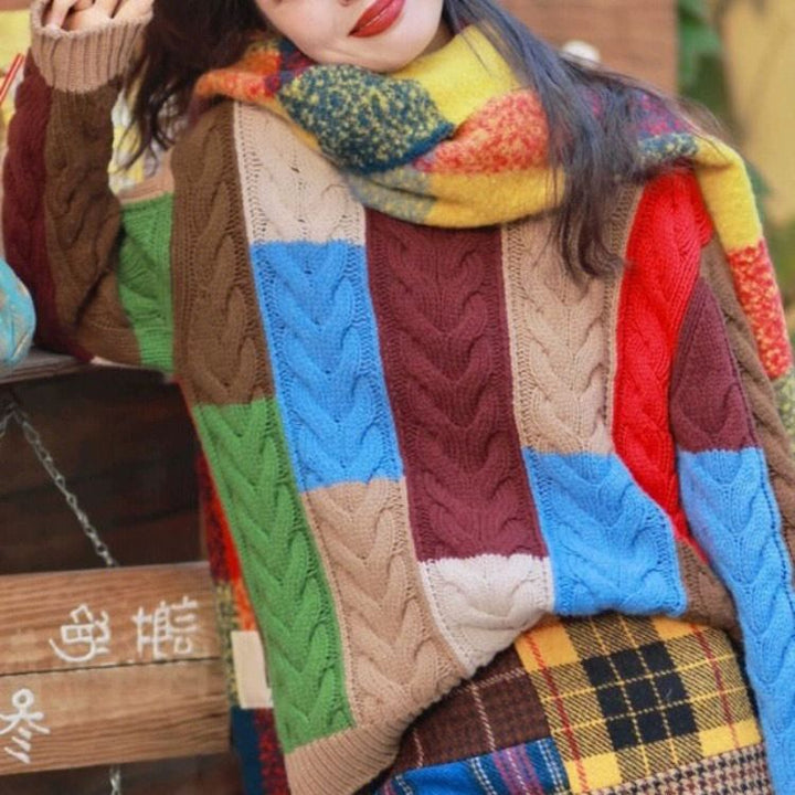 Pull en tricot épais pour femmes avec motif patchwork coloré Chic & Stil