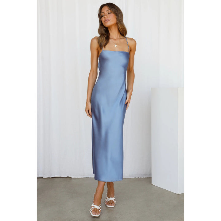 Women’s satin maxi dress with slim fit and spaghetti straps Lune London