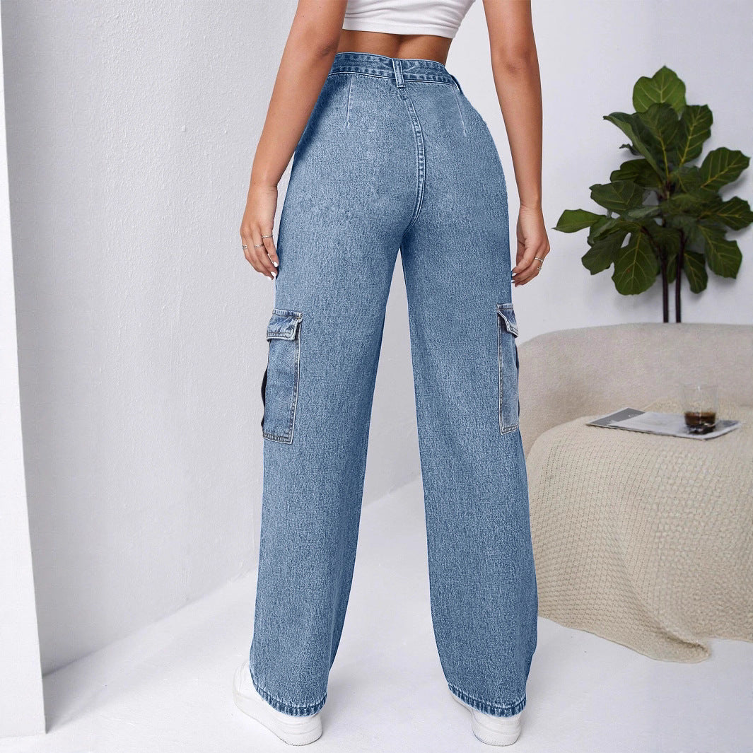 Women High-Waisted Cargo Wide Jeans with Patch Pockets and Elastic Hem Amarae