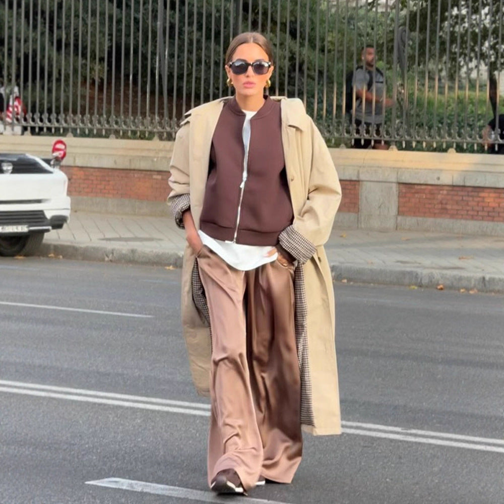 Women's Maxi Long Trench Coat with Check Lining, Wide Fall & Classic Button Placket Amarae