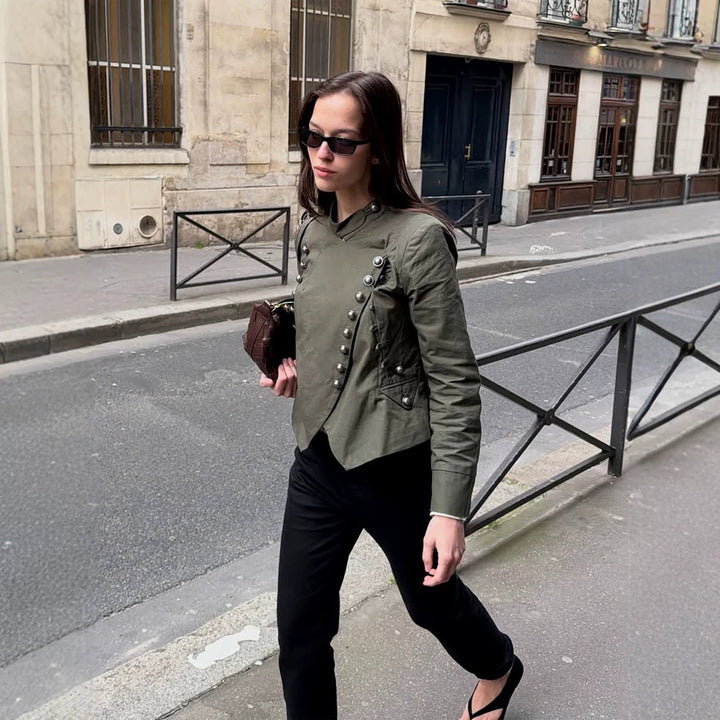 Women's Military-Inspired Short Jacket with Stand-Up Collar and Decorative Button Placket Amarae