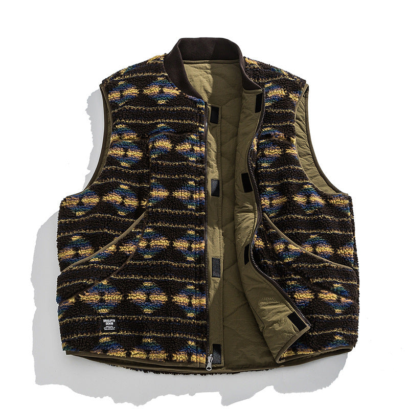 Unisex Reversible Quilted Vest with Jacquard Fleece and Patch Pockets Amarae