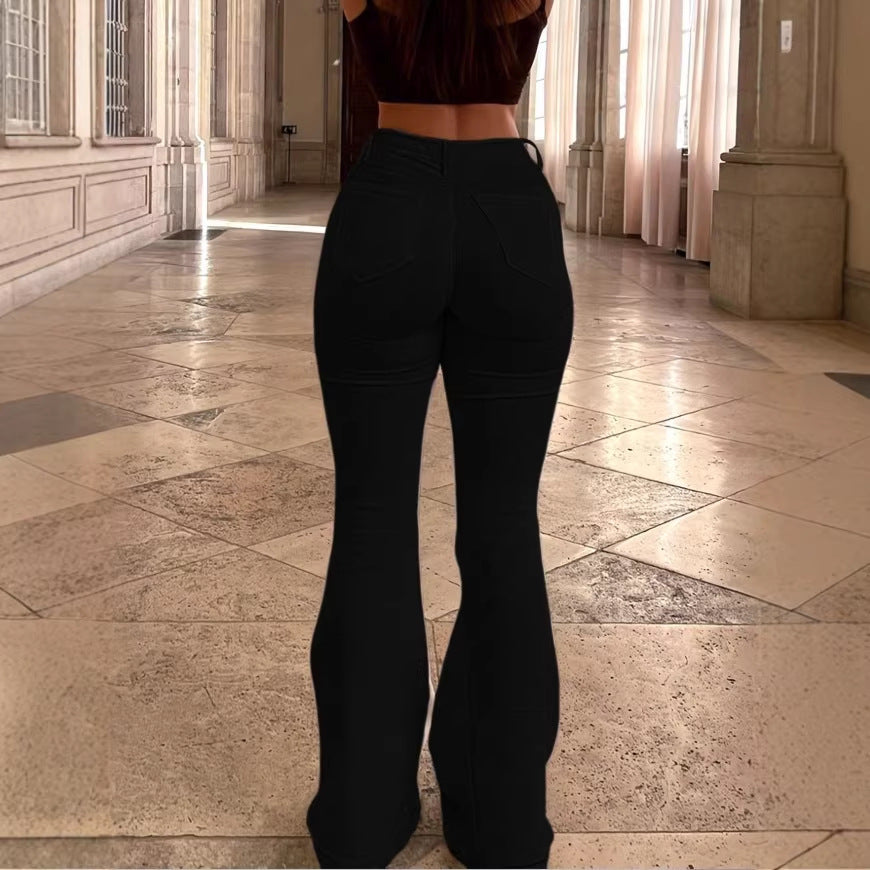 Women High-Waisted Sculpting Flared Jeans with Shaping Waistband and Button Detail at Hem Amarae