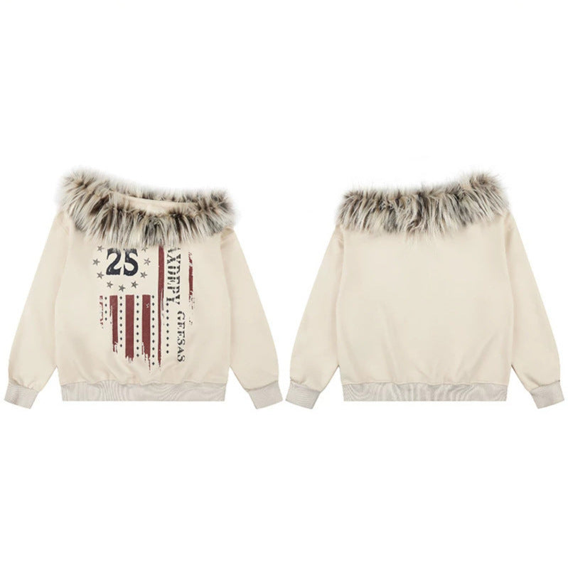 Women's hooded sweatshirt with removable faux fur collar and vintage print Amarae